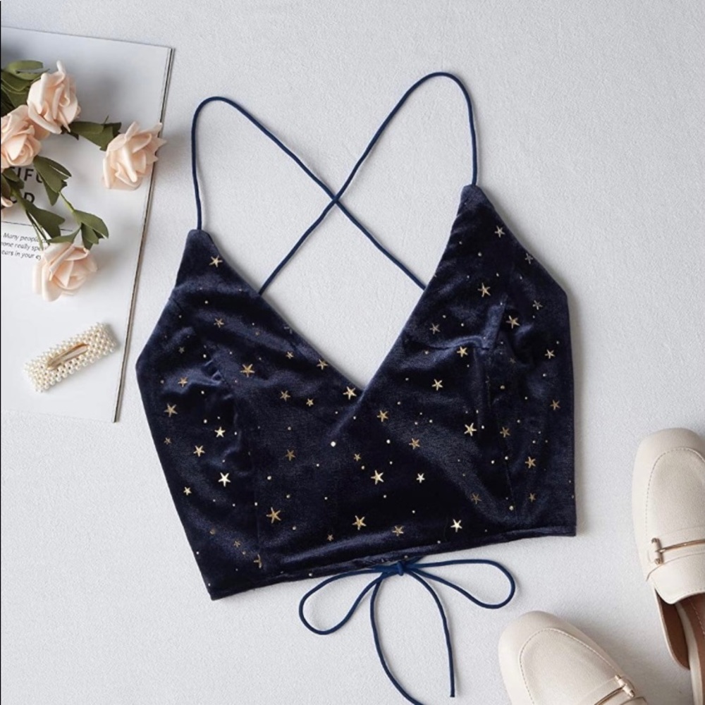 Verdusa Velvet Galaxy Print Crisscross Back Spaghetti Strap Crop Cami Top